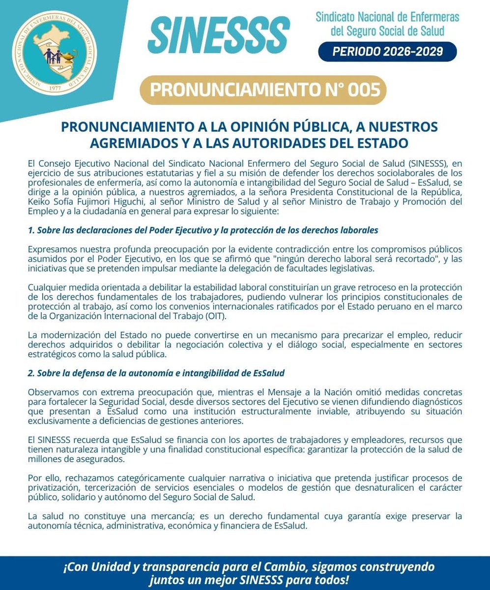 SinesssPeru's tweet photo. 📢 ¡Nuestros derechos no se negocian!
Desde el CEN-SINESSS rechazamos cualquier recaudo a los derechos de la enfermería y exigimos la intangibilidad de EsSalud ante las nuevas autoridades.
✅ Autonomía para EsSalud
✅ Respeto laboral
#SINESSS #DefensaDeLaSalud https://t.co/S0Tz8oBePp