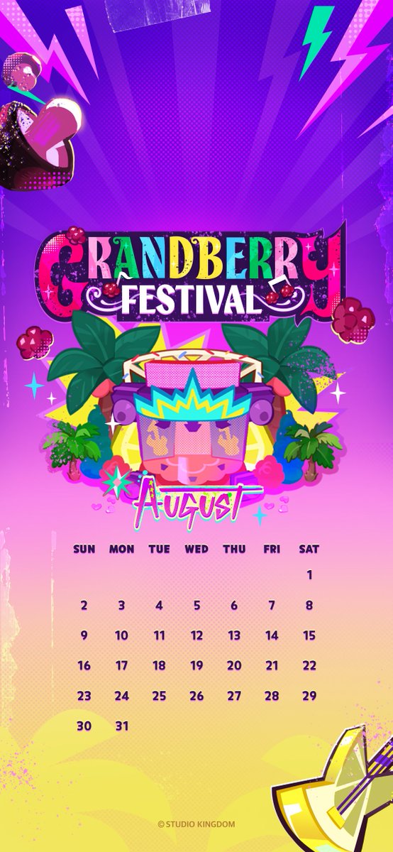 CRKingdomEN's tweet photo. 🎵 From classic to idols, August is full of festival spirit!
🍓 Spice up your month with the special Grandberry Festival August calendar wallpaper!📱

📝 Reply to this post with a screenshot of you using the wallpaper on your phone📱 along with your Kingdom name and server!
10 lucky winners will receive Crystals 💎 x1,000! 🎁

📆 Event period: August 4 – August 11 (GMT+9)
🏆 Winner announcement: August 14 (GMT+9)

#CookieRun #CookieRunKingdom
