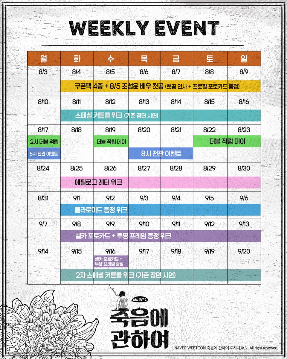 nangman_b20's tweet photo. 👤 뮤지컬 <죽음에 관하여>

🪑 이벤트 캘린더 공개

✔️ 폴라로이드 증정 위크
✔️ 셀카 포토카드 + 투명 프레임 증정 위크
✔️ 2차 스페셜 커튼콜 위크

자세한 내용은 이미지 참고 부탁드립니다.

_
2026.07.21 - 10.11
링크아트센터드림 드림3관

#뮤지컬 #죽음에관하여 #낭만바리케이트 https://t.co/63GYcp6vtP