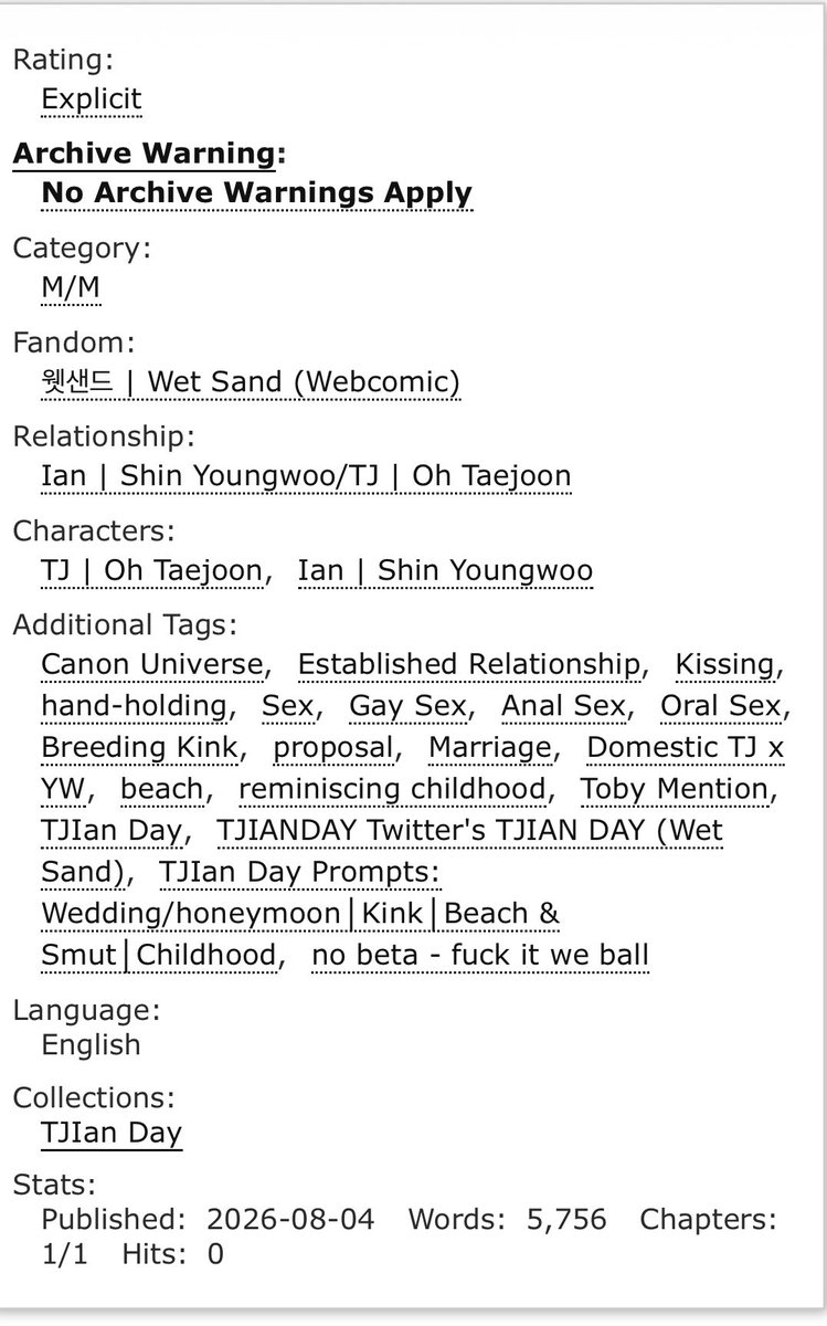 TastefulOmen's tweet photo. Happy TJIan day!

This is my fic which contains a prompt from all 4 days

D1: Wedding/honeymoon
D2: Kink
D3: Beach / Smut 
D4: Childhood

(The title is bad I know but I suck at them)

https://t.co/0oeb0HE3XD

#TJIANDAY2026 #웻샌드 #WetSand #TJYW #TJIan https://t.co/HfvzaYdaAt