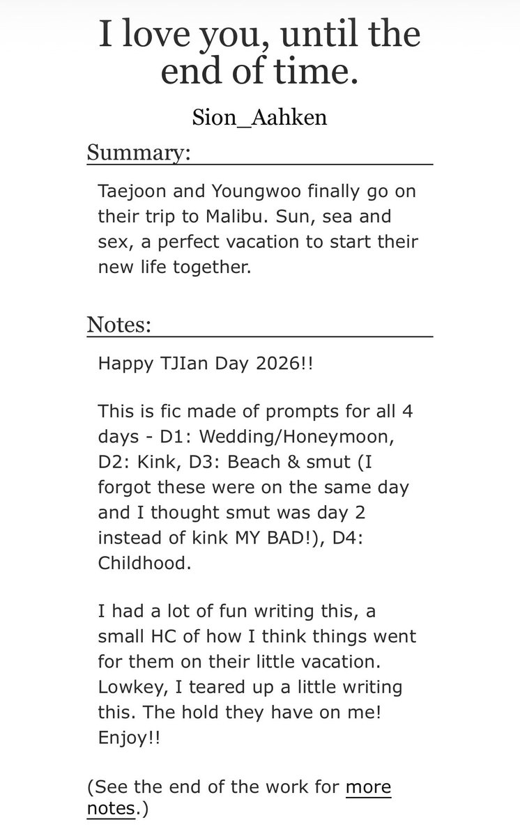 TastefulOmen's tweet photo. Happy TJIan day!

This is my fic which contains a prompt from all 4 days

D1: Wedding/honeymoon
D2: Kink
D3: Beach / Smut 
D4: Childhood

(The title is bad I know but I suck at them)

https://t.co/0oeb0HE3XD

#TJIANDAY2026 #웻샌드 #WetSand #TJYW #TJIan https://t.co/HfvzaYdaAt