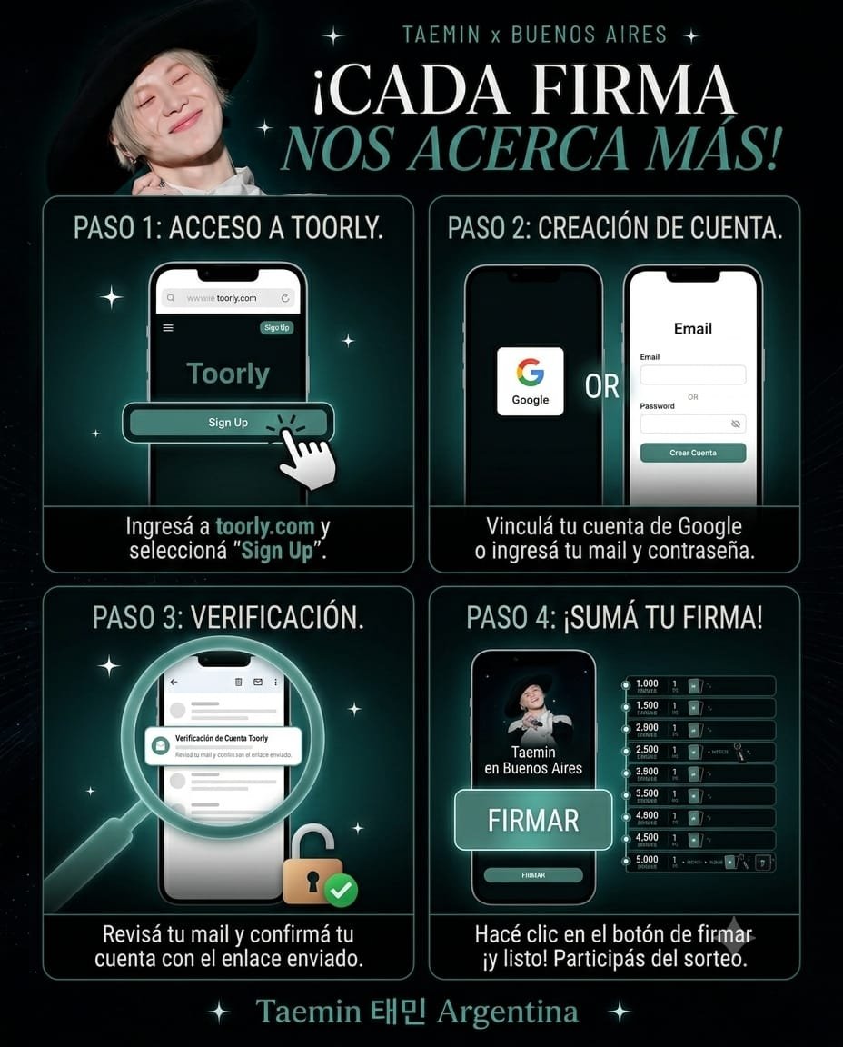 TaeminArgentina's tweet photo. 🎉 ¡Llegó el momento de premiar a quienes están haciendo crecer esta campaña! 💙🇦🇷

Queremos agradecer a toda la comunidad que está apoyando la petición de Toorly, así que decidimos comenzar una serie de sorteos a medida que vayamos alcanzando nuevas metas de firmas.

🏆 Primer objetivo: ¡1.000 firmas!

Cuando lleguemos a esa cantidad, sortearemos la primer Photocard 💙

¿Cómo participar?

✅ Firmá la petición en Toorly:
https://t.co/FkmidzI7fk⁠

✅ Sacale una captura de pantalla donde se vea la fecha de tu firma.
✅ Enviá esa captura a nuestro grupo de WhatsApp Taemin x Buenos Aires (solicita el link por privado).

Nosotras iremos registrando a todos los participantes para el sorteo.

📌 Si ya habías firmado antes de que anunciáramos esta dinámica, ¡también podés participar! Enviános tu captura (o la confirmación de tu firma, si la conservás) junto con tu nombre y te agregaremos a la lista.

✨ Y esto recién empieza...

Nuestro gran objetivo son las 5.000 firmas, y queremos que toda la comunidad sea parte de este camino.

Cada firma cuenta. Cada persona que comparte la campaña hace la diferencia. ¡Sigamos demostrando la fuerza de Taemin en Argentina! 🇦🇷💙

#TAEMIN #태민
#TAEMIN_WORLDTOUR #TAEMINinArgentina #TAEMIN_LiMiNaL
@Taemin_Xoalsox_
@TOORLY