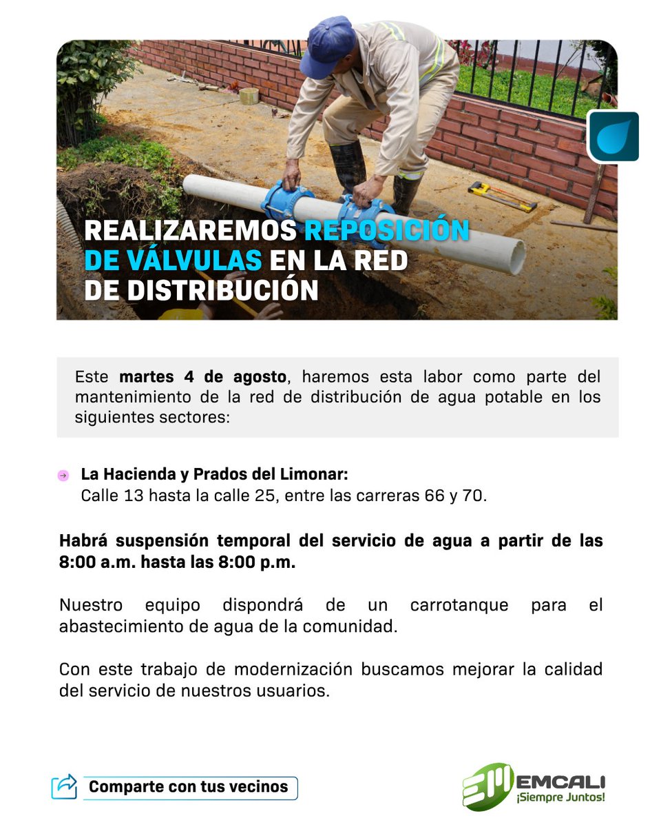 EMCALIoficial's tweet photo. #EMCALIInforma | Ma��ana, martes 4 de agosto de 2026, realizaremos trabajos de mantenimiento a nuestro sistema de acueducto y red de energía, en los siguientes sectores. 👷‍♂️

Por este motivo, será necesario suspender el servicio de manera temporal. 

Agradecemos a la comunidad su paciencia y comprensión.💚