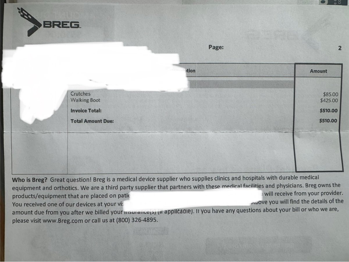Angry_CO_Girl's tweet photo. Tore a muscle in my leg and I was given a walking boot by the Urgent Care. Retail on https://t.co/nNWCAaHs6H is $93.99. Breg sent me a bill charging $425 for the boot. So I called them. I asked how they justify charging me 4x the retail cost for the boot. Then I asked her what they charged customers that are private-pay who do not have insurance. Of course she would not tell me a price. 

Not a single medical supply company should be allowed to charge based on insurance coverage. They should be forced to charge the same retail price on websites and Amazon as they do as a third-party supplier providing products to healthcare patients.

@SecKennedy @POTUS please fix this bullshit. Make it ILLEGAL for any company to mark up prices simply because you are in insurance payer, or healthcare patient. It is price gauging and these unethical businesses do not provide prices at the time of purchase and continue to do the “surprise billing” crap.