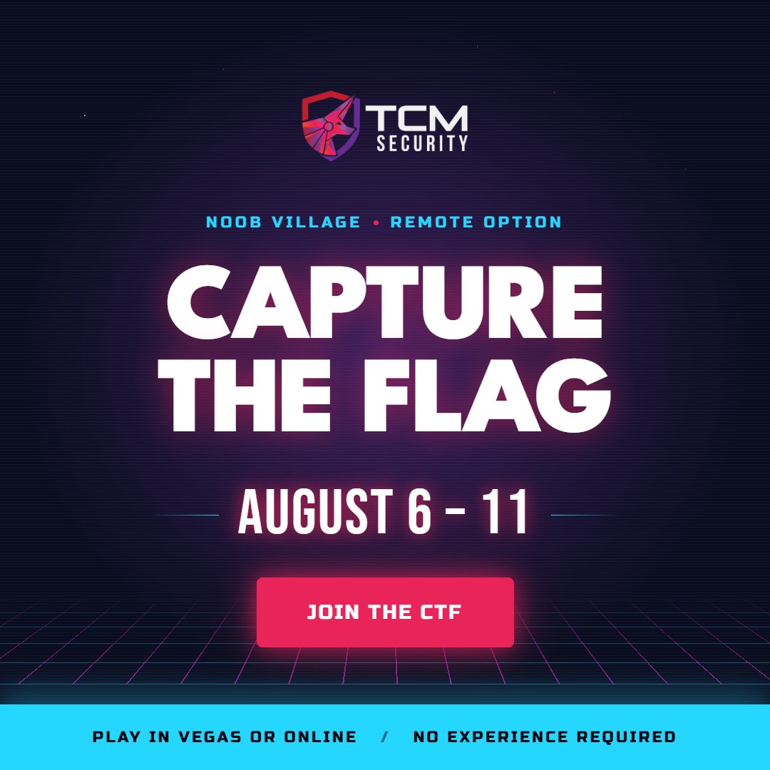 TCMSecurity's tweet photo. Coming soon... a new #CTF. 🕹️

Whether you're visiting us at Noob Village during #DEFCON or participating from home, you'll be able to take on the challenge.

Think you've got what it takes? Register now and start hacking later this week!

🔗 https://t.co/CEdH5ck9ys https://t.co/bp3D7NP9UQ