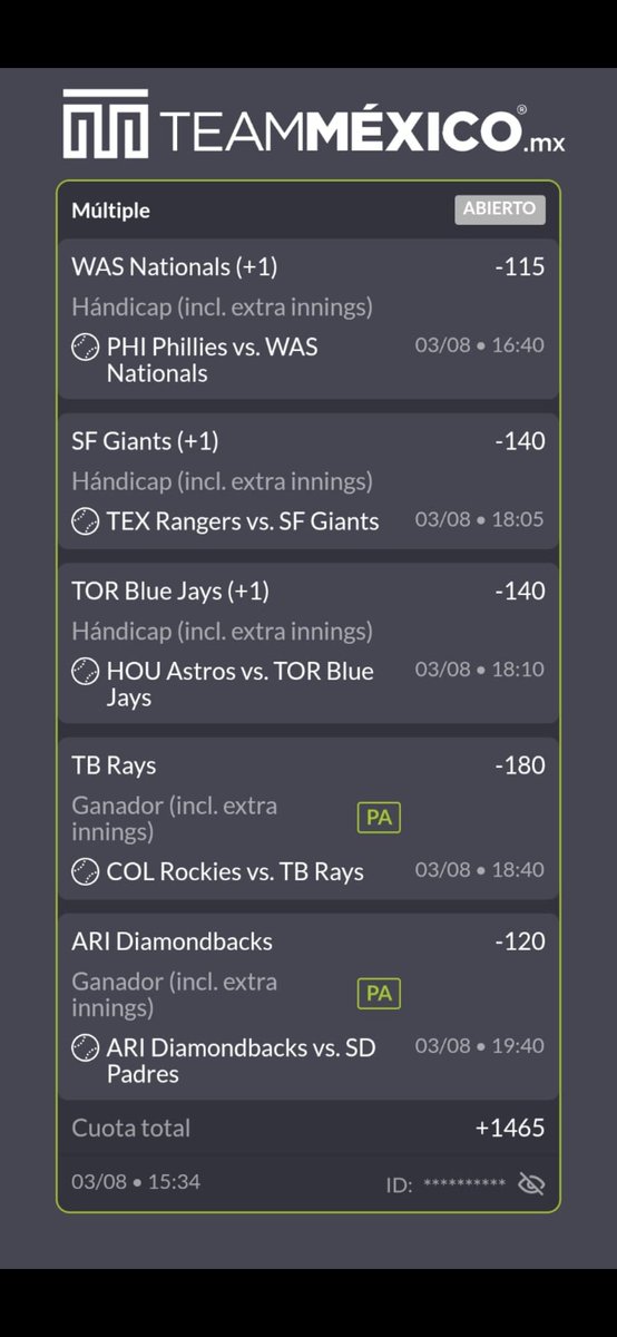 Zyro_Picks's tweet photo. Buenas tardes ☀️

Les dejo las selecciones del día de hoy ⚾️
Recuerden siempre jugarlas en derechas o poquito en parlay 👌🏻

Nationals +1
Yankees ML/-1
Dodgers ML
Giants ML/+1 💎
Toronto Blue Jays ML/+1 💎
Rays ML/-1
Diamondbacks ML 💎

Parlay +1465 🚀🚀

Suerte ❣️ https://t.co/P24LZb7iq4