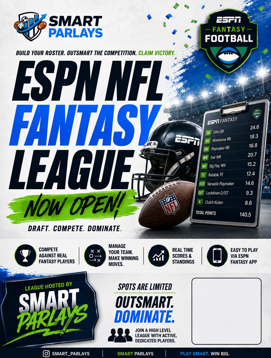 smart_parlays's tweet photo. Inaugural Season of Smart Parlays' NFL ESPN Fantasy League🏈

The league is officially open and consists of highly competitive 20-team gridiron locked in for this year. 

 Every draft pick, waiver add, and trade will matter📈

Dropping Join Link Soon! Stay Tuned! Notis On 🔔

DM Us to learn more about the league functionality/rules for the season!