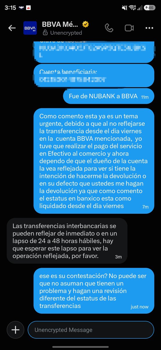 andresPC90's tweet photo. @BBVA_Mex @TecdeMonterrey Asi el servicio al cliente de un Banco que dice ser de los mejores  y que segun cuenta con gran infraestructura tecnológica. De ahora en adelante piensen antes de hacer una transferencia a una cuenta #BBVA puede tardar 2 dias o si es fin de semana 4 dias https://t.co/VxK1fNym19