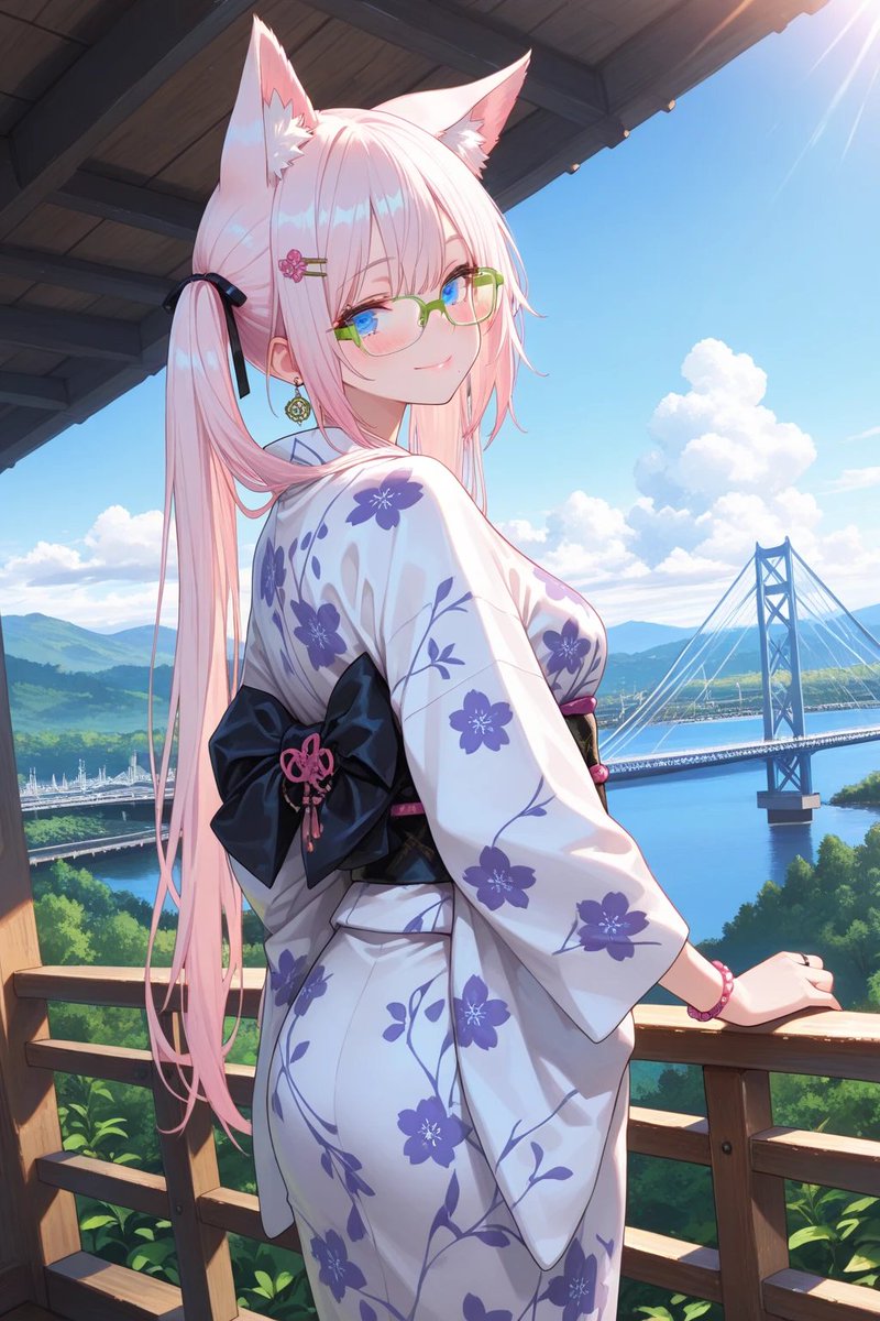 uhaoke_stamp's tweet photo. #うかた #うはおけプロンプト

8月4日は「ゆかたの日」「橋の日 / 吊り橋の日」ということで、吊り橋をモチーフにした浴衣です☺

チャッピーでもSDでも、どちらも可愛く仕上がりました♪

あと、SDだとなぜかケモミミが生えちゃうときがあります💦

■プロンプト■

​(masterpiece, best quality, ultra-detailed), 1girl, smile, subtle hair accessories, looking at viewer,
​wearing a gorgeous yukata with suspension bridge motifs, intricate pattern of cable-stayed bridge lines and geometric wooden plank accents, elegant kimono sash (obi) tied neatly,
​standing on a large wooden suspension bridge, hold handrail gently, sunny daytime, bright daylight, clear blue sky with fluffy white clouds, mid-summer, lush green mountain valley in the background, roaring river below, vibrant green forest foliage, leaves glowing in sunlight, depth of field, natural lighting, serene atmosphere, detailed background, anime style, highly detailed features, cinematic composition,