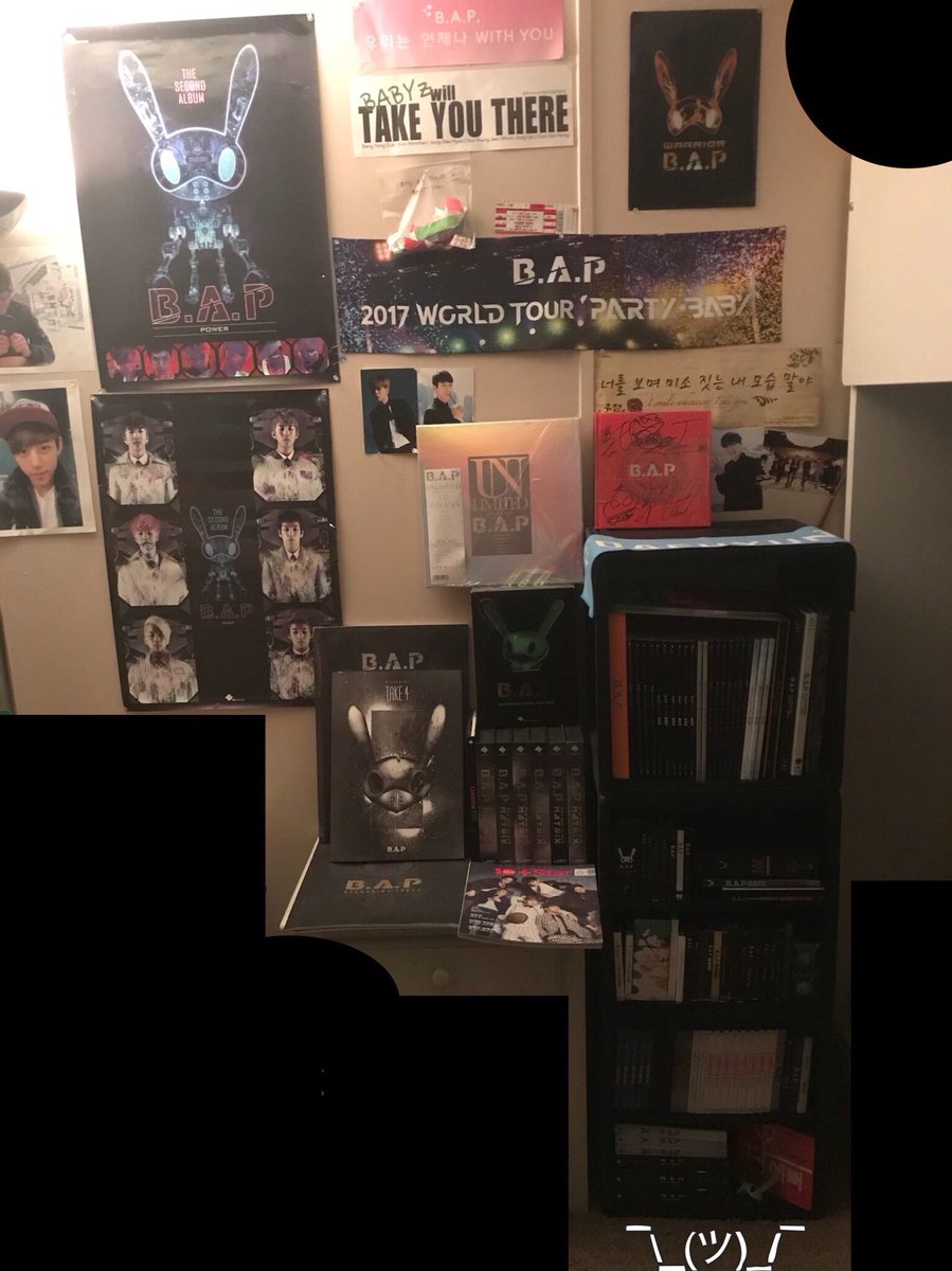 dwayji's tweet photo. the difference in time.. 😭 lately i'm thinking.. younger me would be so shocked how my room was consumed with BAP merch 🫡
my boys forever ot5 🫡💕

(its not even an up to date photo.. between daehyun and zelo's albums 😭 ) https://t.co/y3lGArletJ