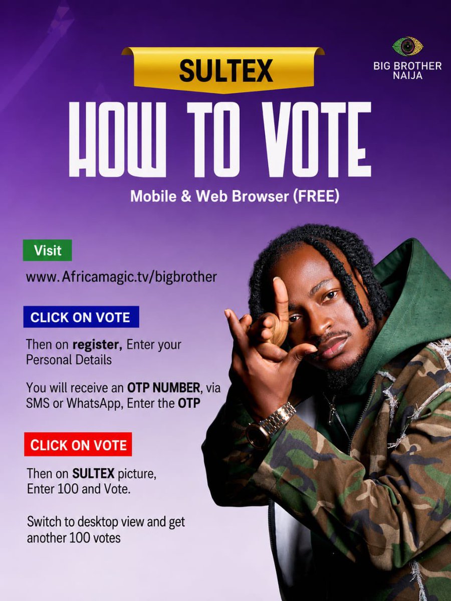 Sultexstar's tweet photo. This is how to vote for SULTEX 
Via DSTV and WEBSITE !!

NO SNOOZING OOO
VOTE SULTEX!!

#Bbnaija #Sultex https://t.co/Pwlyk1ZCtb