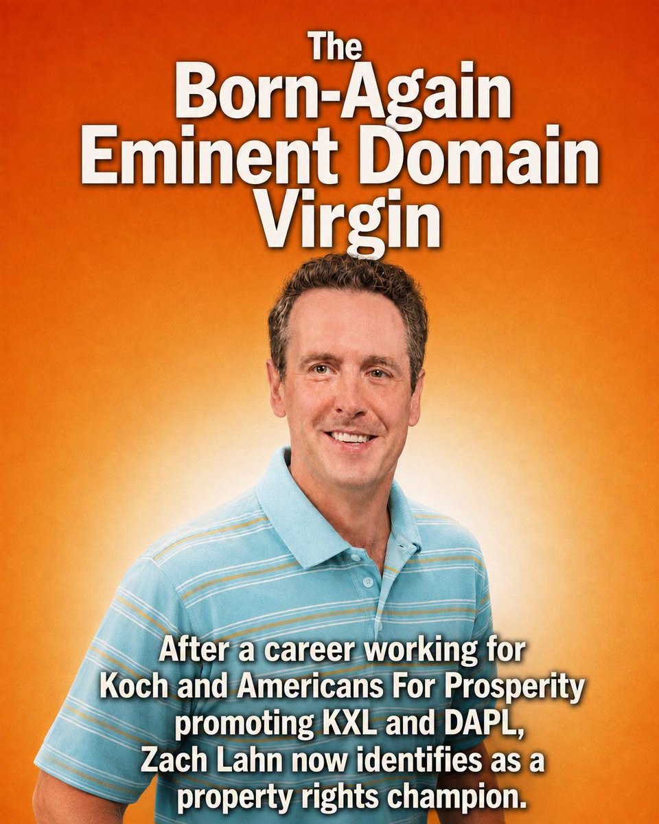RayBake's tweet photo. Republican candidate for Iowa Governor and Kansas resident, @ZachLahn worked for years to destroy landowner property rights and promote eminent domain for private industry. 

Lahn is lying to Iowans now.  He doesn't give a shit about property rights. 

Vote @RobSandIA in November https://t.co/H5DqX3wLvi
