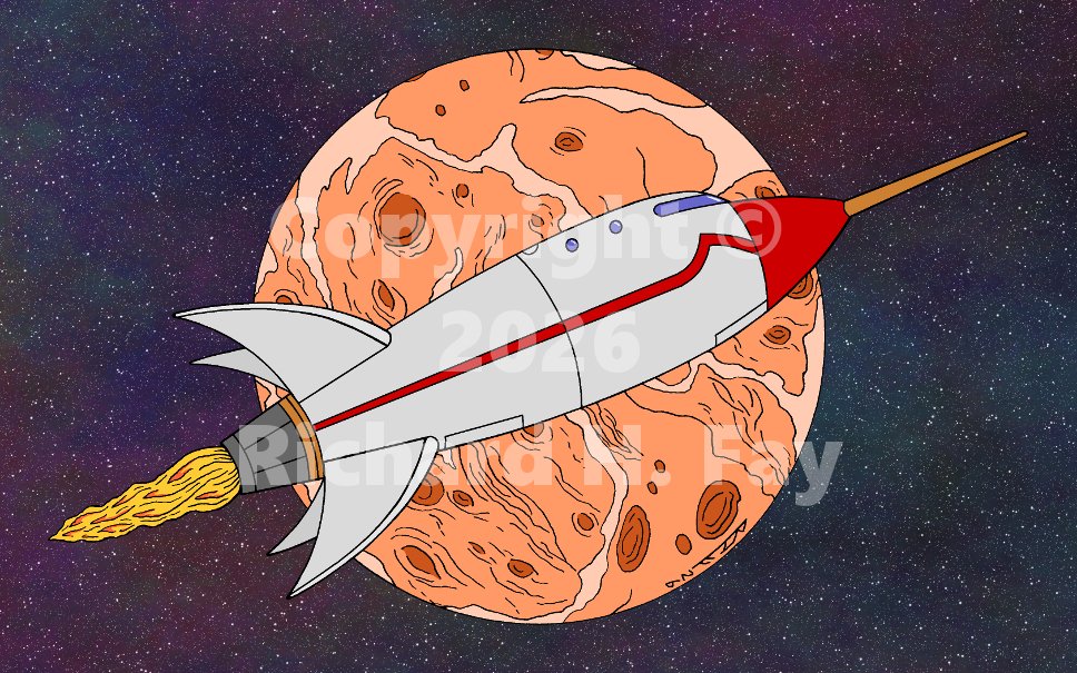 AzureLionProd's tweet photo. NEW ART (finally)!
"Retro Rocket 2026"
In this scifi art, a retro-looking rocket with features from airplanes of the 1930s blasts past an orange planet.
#art #rocket #rocketship #scifi #retro https://t.co/fs7ToufFNd
