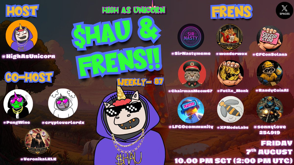 HighAsUnicorn's tweet photo. The herd is back 🦄🔥

Another week, another lineup of absolute legends joining the mic for $HAU & Frens Weekly #87!

Back with our Lovely Co-hosts:
@Pengwiine @cryptoverlordrx @VeronikaLKLK 

🤝 Frens joining us:
@SirNastymeme @wonderwox @CFConSolana @ChairmanMeow67 @Futile_Monk @RandyCoinAI @LFGOcommunity @XPNodeLabs @SonnyLove254919

Pull up, bring your questions, your alpha, and your best vibes. Let’s build, connect, and keep the unicorn energy rolling. 🦄💨

Set your reminder and we’ll see you in Spaces!
Link in comments 👇

#HAU #HighAsUnicorn #HAUFrens #CryptoSpaces #Web3 #NFT #NFTCommunity #CryptoCommunity #Solana #SolanaNFT #Memecoin #CryptoX #Web3Gaming #Alpha #XSpaces