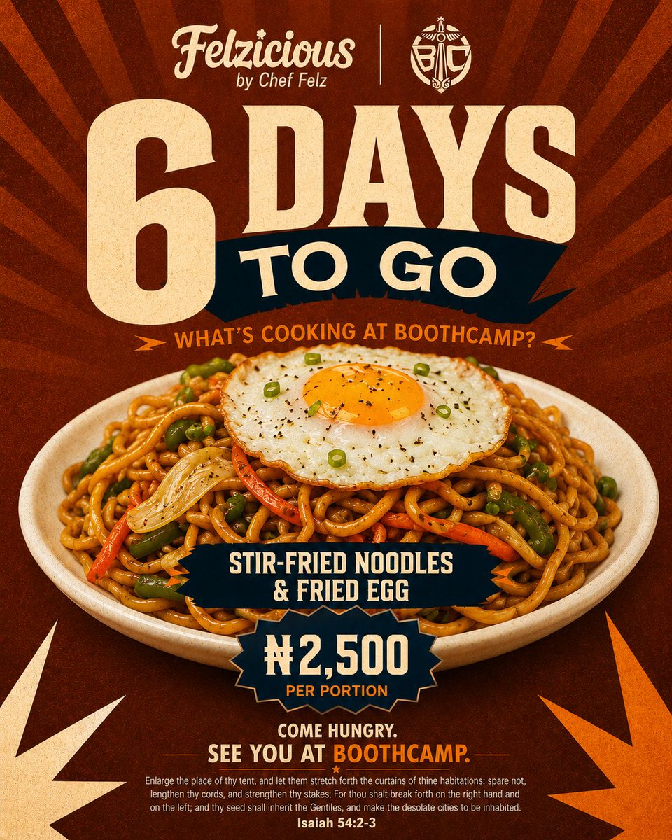 Chef_Felz's tweet photo. 6 DAYS TO GO! 🔥🔥

If you've been to Boothcamp before, you already know this one never disappoints. If you've not? Then you're about to experience one of the best noddles in camp!😋

Only ₦2,500 per portion.
@YWAPhq https://t.co/t3J5y9NJ0d