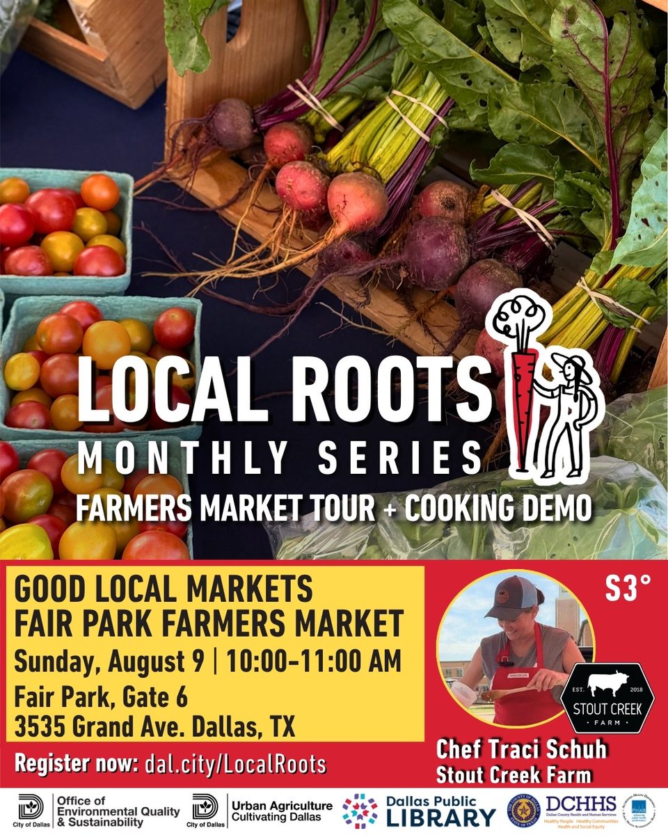 CityOfDallas's tweet photo. Join us for Session 3 featuring Chef Traci Schuh!

📅 Sunday, August 9, 2026 | 10:00–11:00 AM
📍 Fair Park Farmers Market | Gate 6 | 3535 Grand Ave. Dallas, Texas
🧺 Spots are limited—reserve yours today: https://t.co/p7q6zmYo1s https://t.co/jdcpDFbY0u