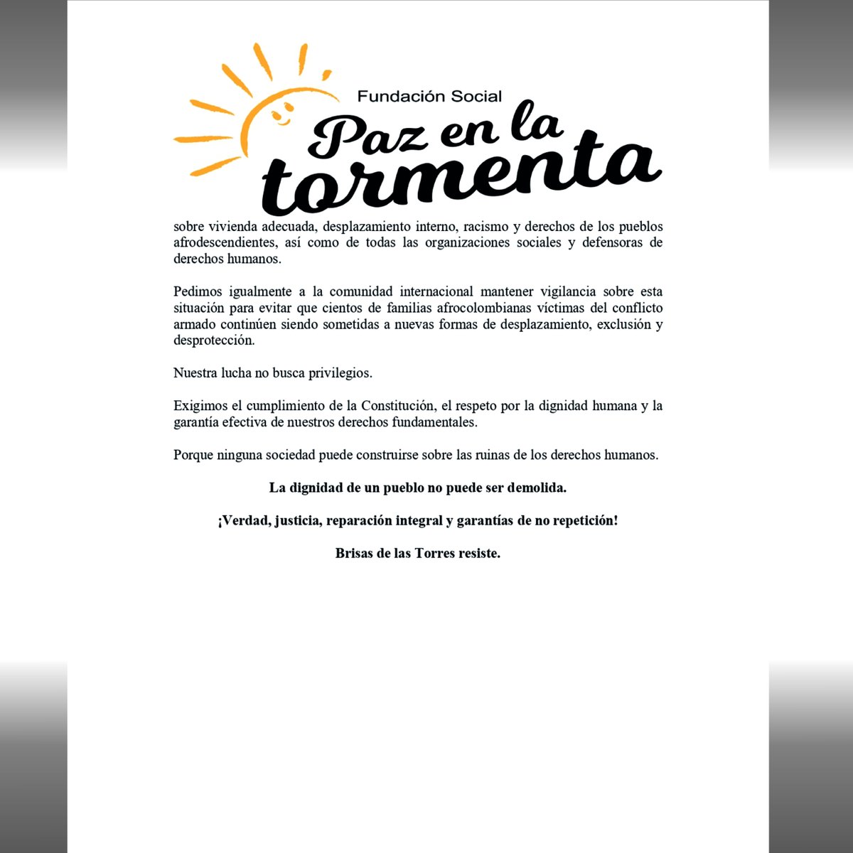 renacientes's tweet photo. 🚨 COMUNICADO | La Fundación Social Paz en la Tormenta denuncian la destrucción de 800 viviendas en Brisas de las Torres (Cali), dejando a cientos de familias afrocolombianas sin hogar. Exigimos garantías de DDHH y atención humanitaria.
📜 https://t.co/MSnXz26bkH
#CaliValle https://t.co/AtxWvakGZD