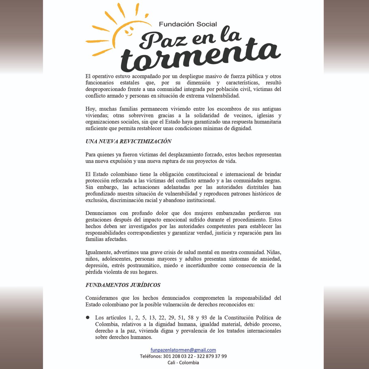 renacientes's tweet photo. 🚨 COMUNICADO | La Fundación Social Paz en la Tormenta denuncian la destrucción de 800 viviendas en Brisas de las Torres (Cali), dejando a cientos de familias afrocolombianas sin hogar. Exigimos garantías de DDHH y atención humanitaria.
📜 https://t.co/MSnXz26bkH
#CaliValle https://t.co/AtxWvakGZD