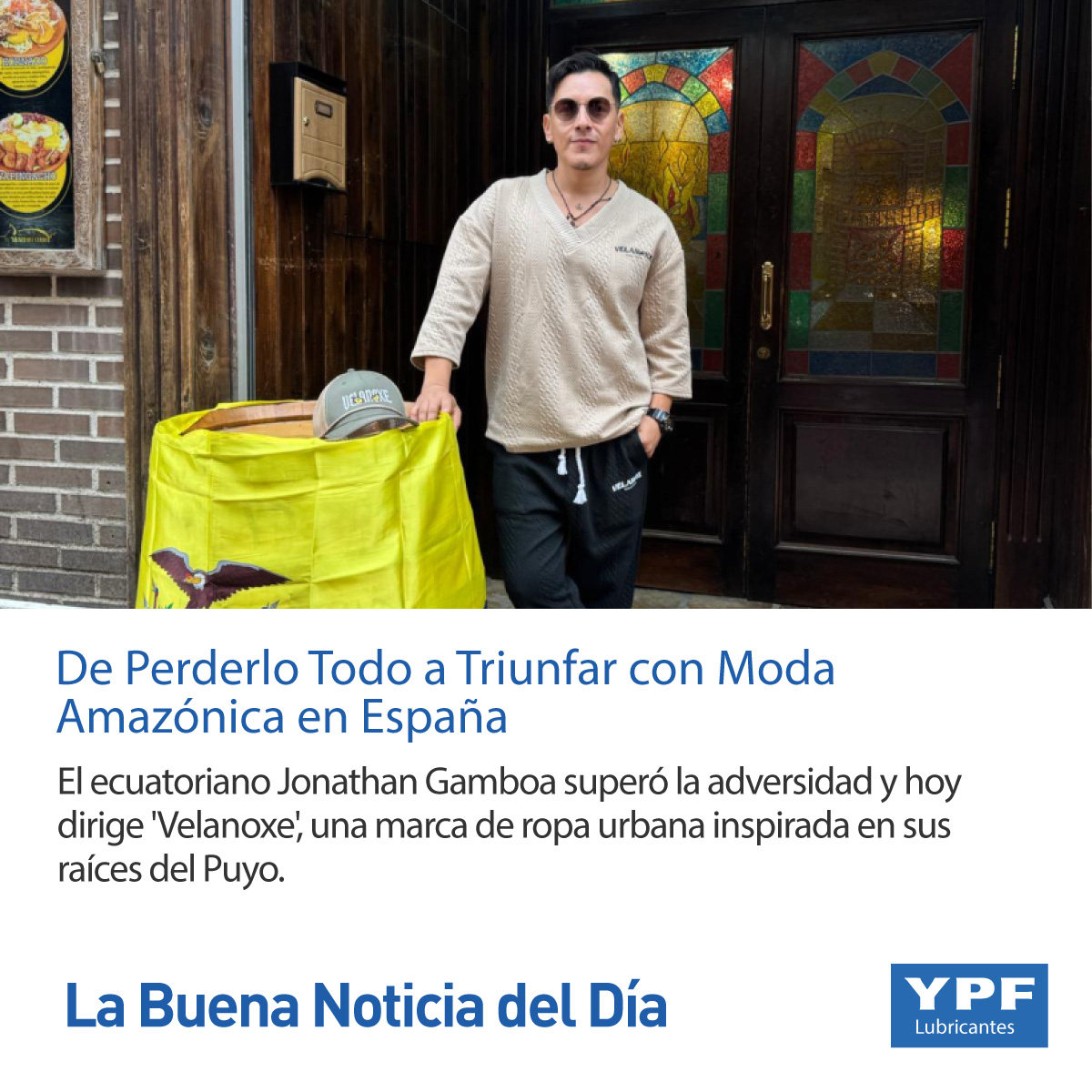 YPFEcuador's tweet photo. El ecuatoriano Jonathan Gamboa superó la pérdida de sus ahorros en España y se reinventó lanzando 'Velanoxe'. Su marca de ropa urbana está inspirada en la Amazonía.#OrgulloEcuatoriano #Emprendimiento #TalentoEcuador #Velanoxe https://t.co/RFTA98U4KV