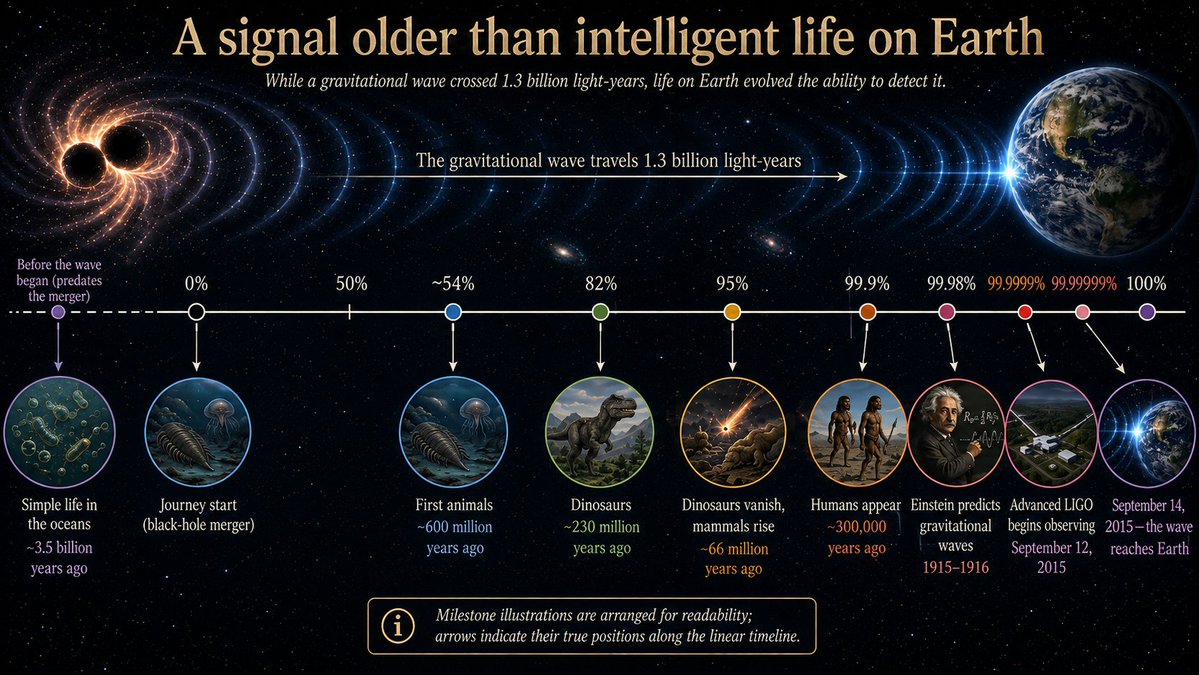 smith_john8422's tweet photo. On Sep. 14, 2015—just two days after Advanced LIGO began observing—a split-second signal arrived from black holes 1.3 billion light-years away. Meanwhile, dinosaurs vanished; mammals and humans rose. Einstein predicted the waves. Detectors built and tuned in. No deadline missed. https://t.co/ZUsOzR2Vll