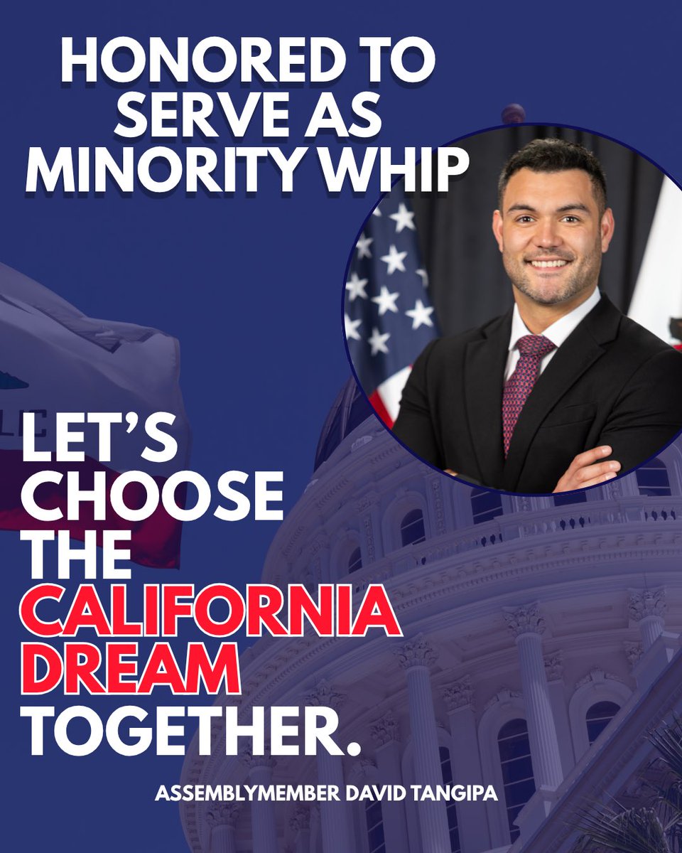 AsmTangipa's tweet photo. I am humbled to serve as the new Minority Whip for the Assembly Republican Caucus. 

I am grateful for my colleagues and constituents for putting their trust in me. I will continue to be their voice in the fight for a stronger, more affordable California. 

Let’s choose a new future for California— together.