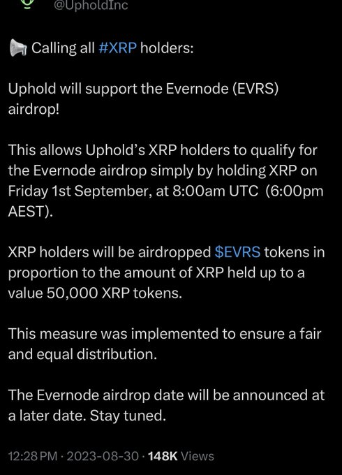 Amanda_loveeee's tweet photo. If this timeline is accurate, it raises several serious questions that deserve a clear and transparent explanation.

I'm not making any accusations... however... I'm just simply listing the timeline, and that's how it looks. Many XRP holders are confused and frustrated by how things have unfolded, and I believe they deserve clarification.

2023: Uphold told XRP holders to keep their XRP on the platform to qualify for the Evernode (EVR) airdrop.

2024: EVR was distributed... but users could not buy, sell, trade, or withdraw it.

2026: Uphold announced it would remove everyone's EVR balances, citing liquidity and regulatory requirements.

So XRP holders were encouraged to hold their XRP and received an asset they couldn't use, which is now being removed...