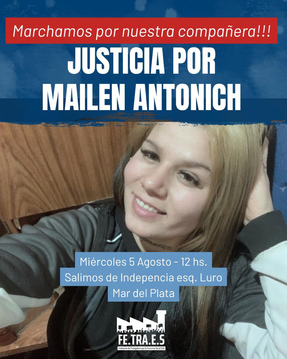 FetraesA's tweet photo. El Miercoles marchamos en Mar del Plata, exigimos JUSTICIA por Mailen Antonich.
N UNA MENOS
#fetraes #fetraesmardelplata #niunamenos https://t.co/ozhJlERpqO