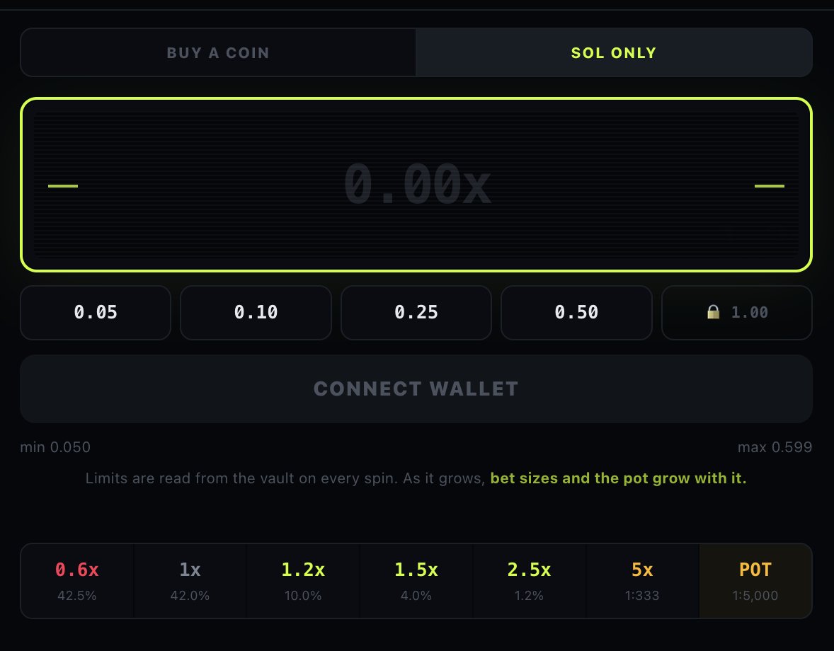 dexdegendotfun's tweet photo. For the players out there who just want to straight up hit the slots, we've added a SOL only option.

No phantom notifications with this one. We're finalising the fix on token swaps as well. https://t.co/02FxpEr3rl