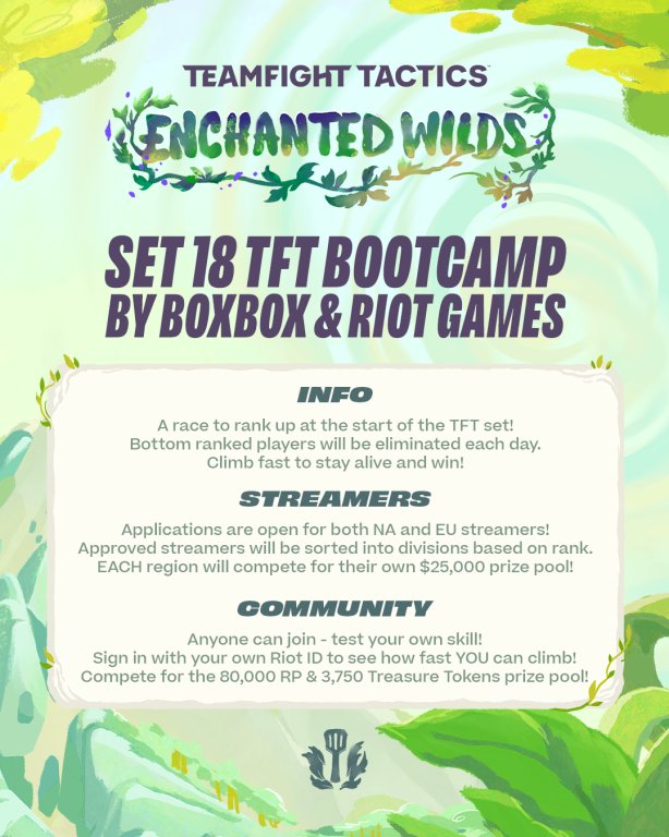BoxBox's tweet photo. BOOTCAMP IS BACK! 🥳

BoxBox Bootcamp Set 18 streamer signups are OPEN!!

Once again, we’ll be hosting bootcamp in both NA and EUW with a grand total of $50,000 in prizes! Be sure to rally for your favorite streamers to sign up!

NA Streamer Signup:

https://t.co/GnaRAnTiER 

EUW Streamer Signup:

https://t.co/aGj6jOkBqY 

Streamer signups close August 13th!

Community signups will be available closer to set launch.

(if u sign up please rt for visibility)