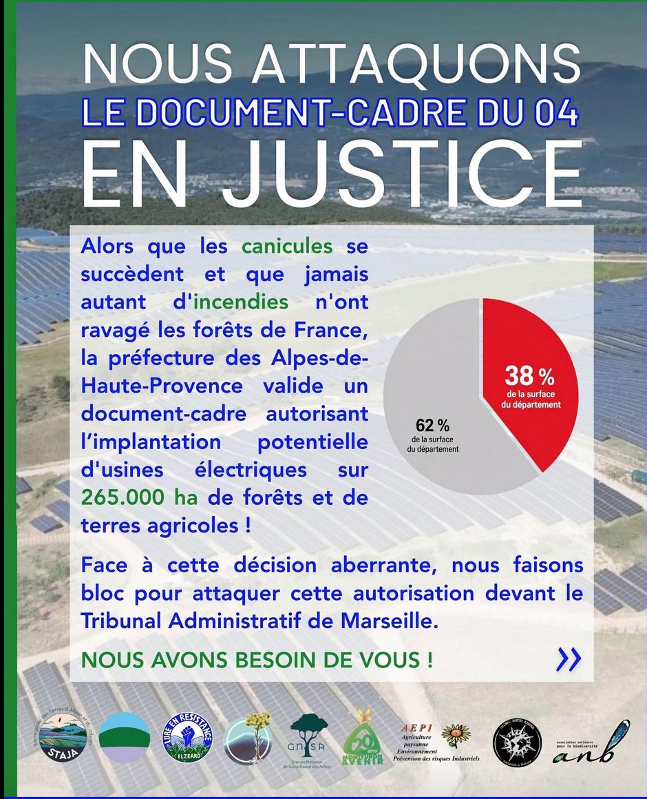Theara2972's tweet photo. "Alors  que les canicules se succèdent et que jamais autant d'incendies n'ont  ravagé les forêts de France, la préfecture des Alpes-de-Haute-Provence  vient de faire un choix aberrant : valider le document cadre autorisant  la potentielle implantation d'usines électriques dévastatrices sur  265.000 ha de forêts et de terres agricoles (38% du territoire). 

 Un  immense tapis rouge déroulé pour les industriels, un pas de plus vers  les risques d'incendies, le dérèglement du climat, la sécheresse, la  destruction des terres, l'anéantissement de la faune et de la flore, le  déploiement des routes, la pollution, la destruction des paysages,  la  mise en danger des conditions-même de la vie et de l'habitabilité de  notre territoire..."

265 000  HECTARES  !!!!