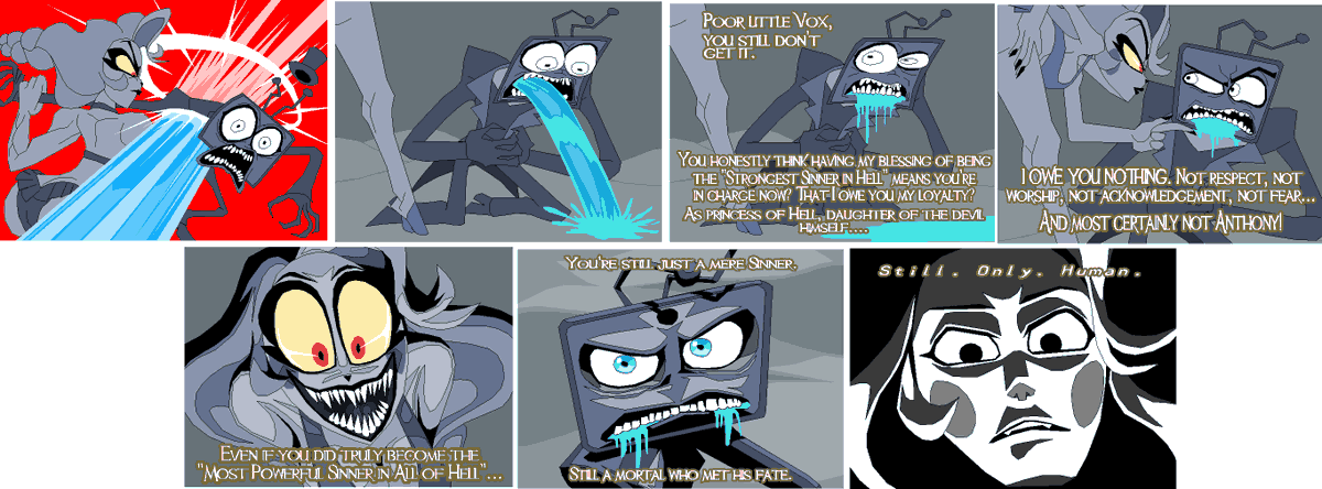 tyrranux's tweet photo. @byfionaaaa I hated #hazbinhotel season 2. A lot. So I've been working on a #CharlieMorningstar VS #Vox comic in between other projects. Here's a sample. https://t.co/V8pqrUQITZ