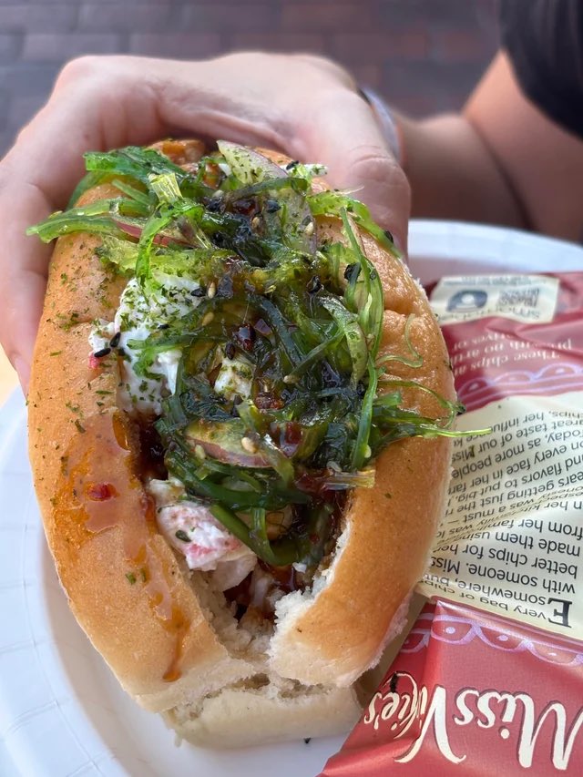 hawaiimaile's tweet photo. @disneytipsguy No, never on a generic brioche hot dog bun 😞

Have you ever had the California Roll Sandwich at Aunt Cass Cafe inside DCA? It’s on a milk bread roll/bun, like this should be. https://t.co/MIviOJwwBN