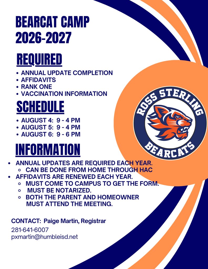 HumbleISD_SMS's tweet photo. Bearcat Camp, 2026
August 4 to August 5:  9-4 PM
August 6:  9-6 PM
Annual Update
Affidavits
Update Shot Records and Medications https://t.co/0rwSGH4PRZ