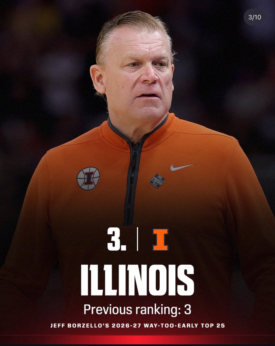 ArmchairIllini's tweet photo. ESPN’s Jeff Borzello has the #Illini at number 3 behind Duke and Florida in his way-too-early 2026-27 top 25 https://t.co/y801evsVnI