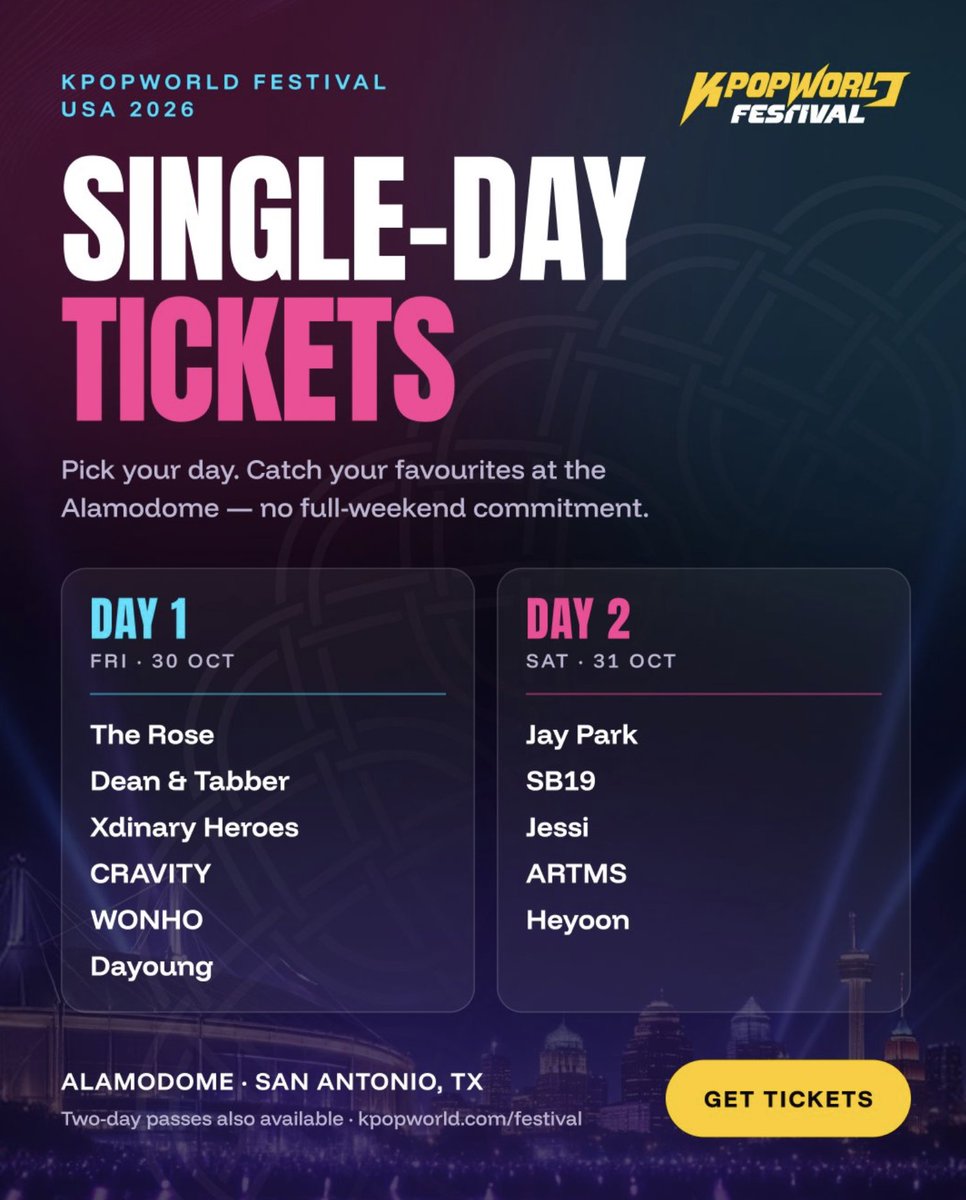 KPOPWORLD's tweet photo. @AngheLniJunard @ladynicullen @NikhilBethieq5 @SB19Official You can purchase tickets by going directly to Ticketmaster. Just search "KPOPWORLD" and ticket options will come up. You can also go to the @Alamodome website for more information. You can see the schedule here: https://t.co/9woVMQPuzZ
