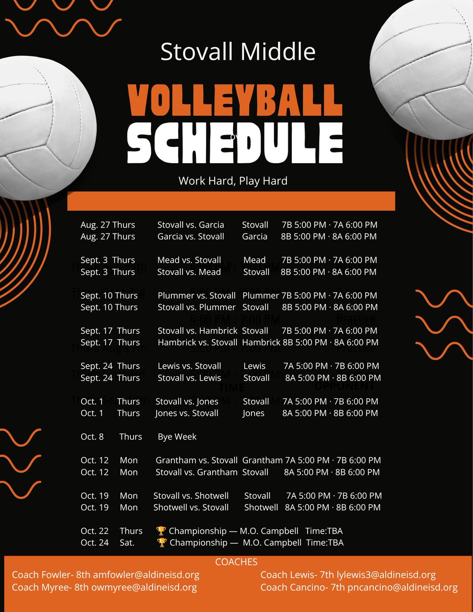 StovallSports's tweet photo. Our 2026 Stovall girls volleyball schedule is here let’s go and support them during this upcoming new season!! 🏐🧡 @StovallMS_AISD #sports #volleyball #letsgo #stovall 🔥 https://t.co/w7iAzzvCZG