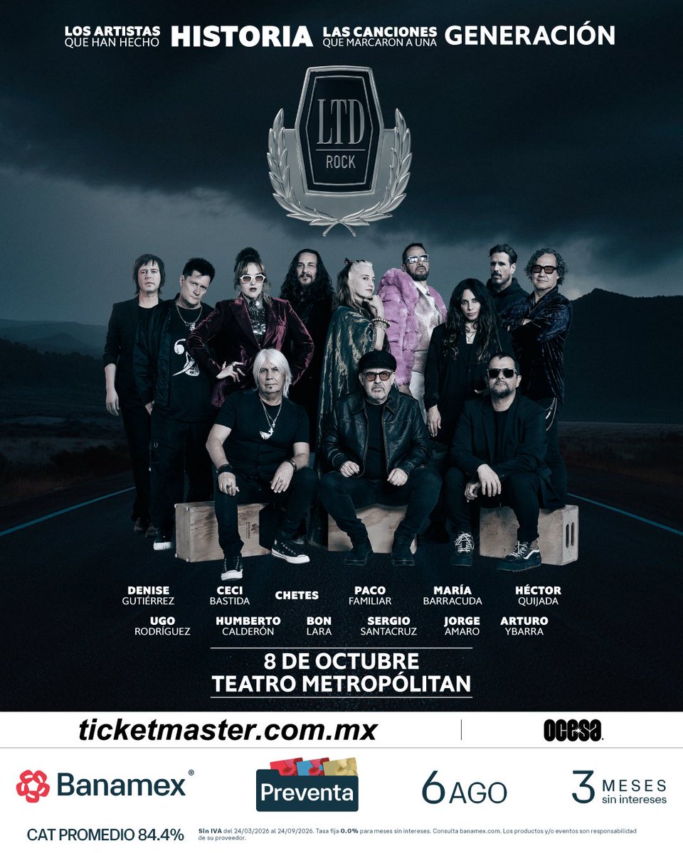 ocesa_total's tweet photo. LTD Rock debuta este 8 de octubre en el Teatro Metropólitan. No es un tributo, es el rock en español contado por quienes hicieron historia. 🤘🔥
🎟️ #PreventaBanamex 6 de agosto https://t.co/7rq9kMUYxl