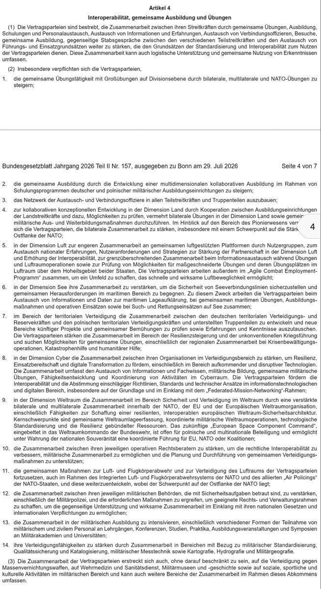 MeitzPL's tweet photo. Art. 4 - Interoperacyjność, wspólne szkolenia i ćwiczenia

W ust. 9 mowa jest o European Space Component Command, które ma funkcjonować w strukturach… Dowództwa Kosmicznego Bundeswehry i do którego Polska ma mieć możliwość dołączenia.

Nie jest to wspólne polsko-niemieckie dowództwo. Jest to struktura funkcjonująca bezpośrednio w Bundeswehrze.

W ust. 12 mowa jest natomiast o zacieśnieniu współpracy organów odpowiedzialnych za bezpieczeństwo wojskowe, w tym żandarmerii wojskowej obu państw.

Z perspektywy wydarzeń z ostatnich miesięcy przy granicy polsko-niemieckiej taki zapis może budzić uzasadnione pytania. 3/8