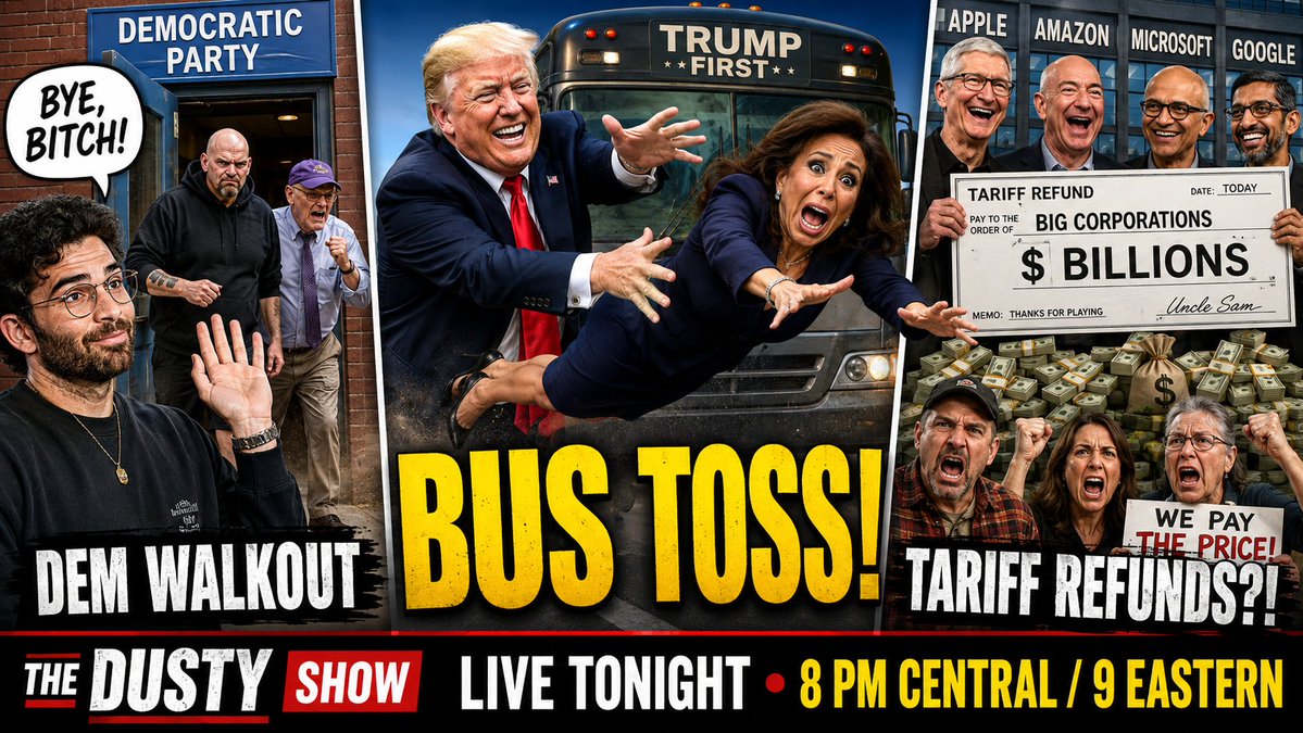cultofdusty1's tweet photo. Dems Threaten To Leave Party Over Hasan/Trump Throws Pirro Under Bus/Corps Steal Billions in Tarrifs

Surprisingly girthy show tonight (though not as girthy as the last show) make plans to come hang out! Live tonight! APM central/9 Eastern! https://t.co/njhOnqPNQX