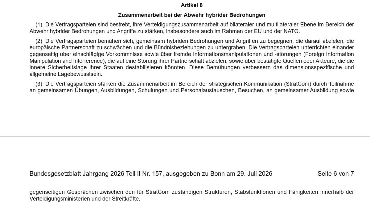 MeitzPL's tweet photo. Art. 8 - Współpraca w zwalczaniu zagrożeń hybrydowych

Równie ciekawy jest artykuł 8.

Przewiduje on https://t.co/MuzPUnHXQj. współpracę w zakresie komunikacji strategicznej (StratCom), wspólne ćwiczenia, szkolenia, wymianę personelu oraz współpracę struktur w obu krajach.

Dokument nie odpowiada jednak na zasadnicze pytanie - jakie praktyczne cele będzie realizowała współpraca w obszarze StratCom i jakie będą jej granice? 5/8