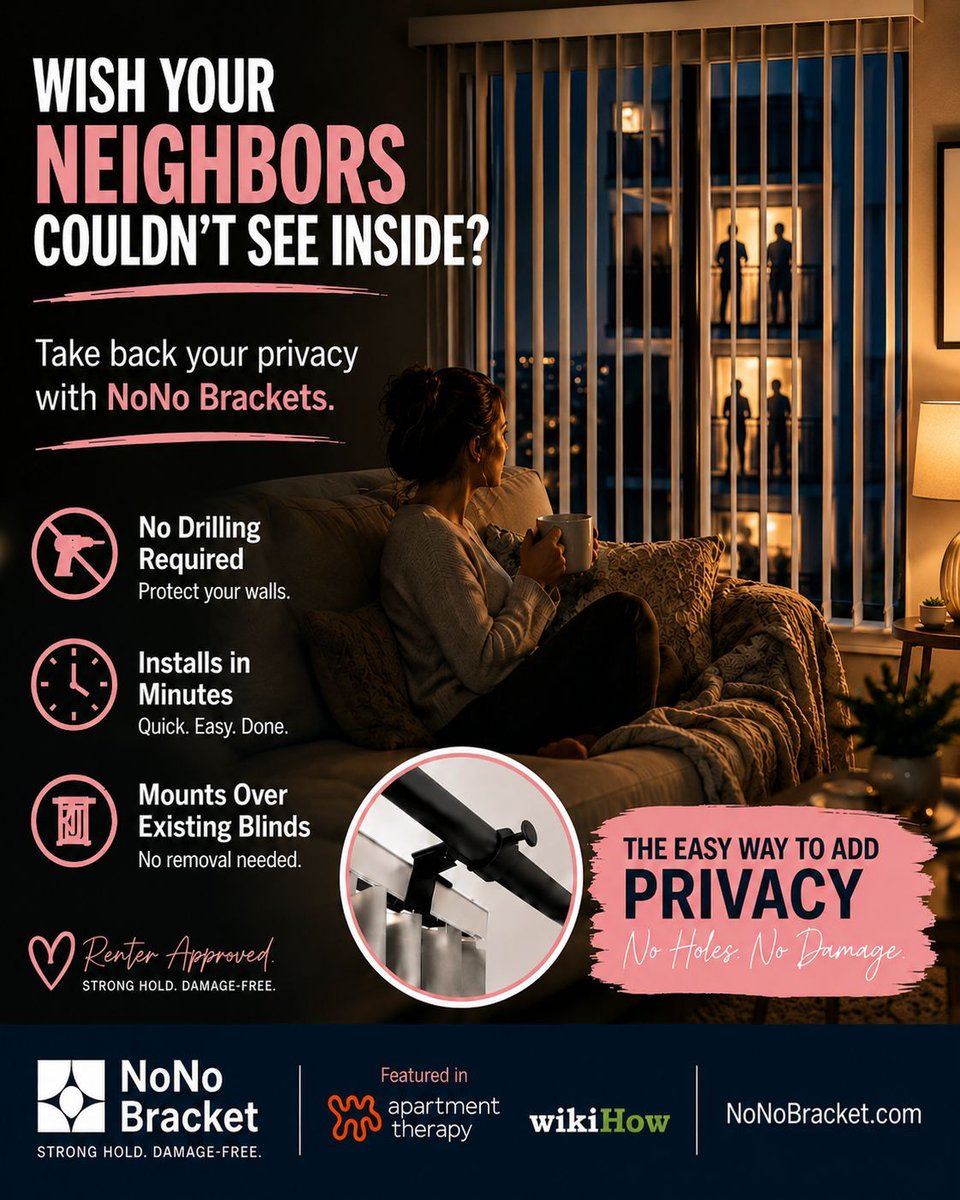 nonobracket's tweet photo. Wish your neighbors couldn't see inside after dark? NoNo Brackets mount over your existing blinds in minutes—no drilling, no damage, no removal. Instant privacy for any window. Shop → https://t.co/Y9V3h0L09g
#NoNoBrackets #WindowPrivacy #NoDrilling #RenterHacks #HomeUpgrade https://t.co/1WKbVJWgPq