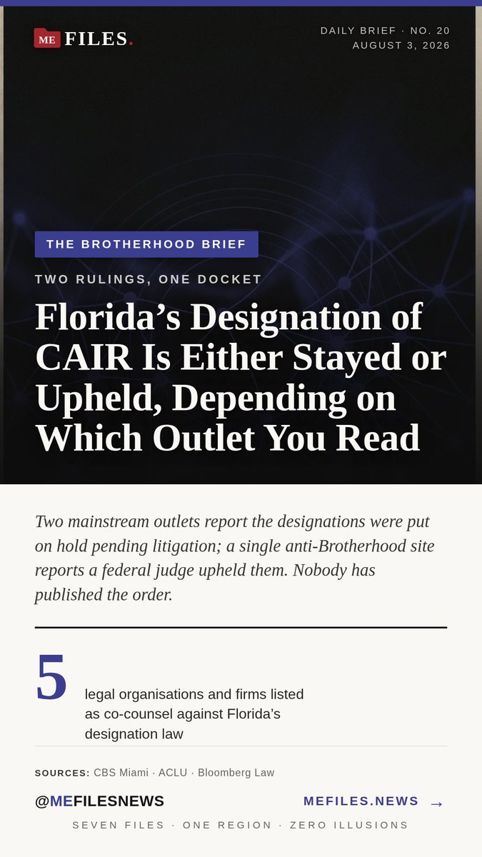 mefilesnews's tweet photo. Florida’s Designation of CAIR Is Either Stayed or Upheld, Depending on Which Outlet You Read — the full file at https://t.co/VCyUanWgif #MEFILES https://t.co/Ai2UW3nJ6s
