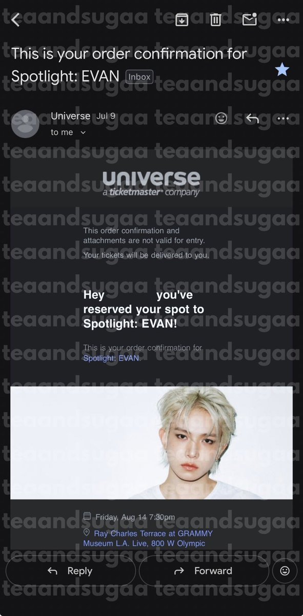teaandsugaa's tweet photo. (REPOST) WTS Spotlight: EVAN grammy museum ticket 

⁃ have 1 extra ticket !
- membership tickets with early entrance
⁃ will check in with you at event 
⁃ must be willing to arrive early + save a spot 😓

pls dm with offers! 

#EVAN #HEESEUNG wtb iso wts https://t.co/xMfYJThnnx