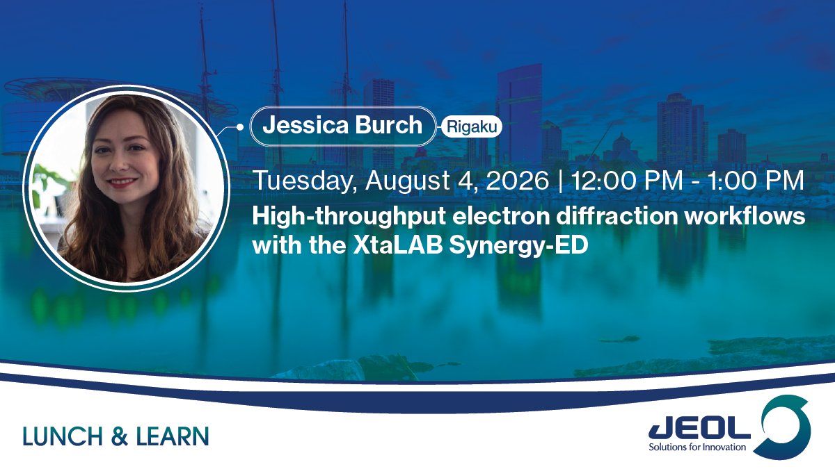 JEOLUSA's tweet photo. Join us at M&amp;M in Milwaukee, WI for a Lunch &amp; Learn tomorrow, August 4th from 12-1pm! Jessica Burch from Rigaku will be presenting on high-throughput electron diffraction workflows with the XtaLAB Synergy-ED.

To attend, please register here: https://t.co/XoH6XnXewd https://t.co/sPAneOX9CI