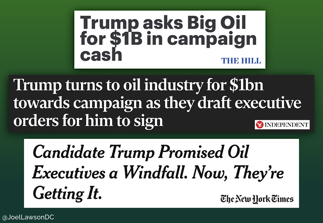 JoelLawsonDC's tweet photo. @atrupar Trump is just posturing, pretending to be upset at big oil companies. Remember, he made a brazen billion-dollar deal with them, to get back in the White House: https://t.co/XVluGR52CW