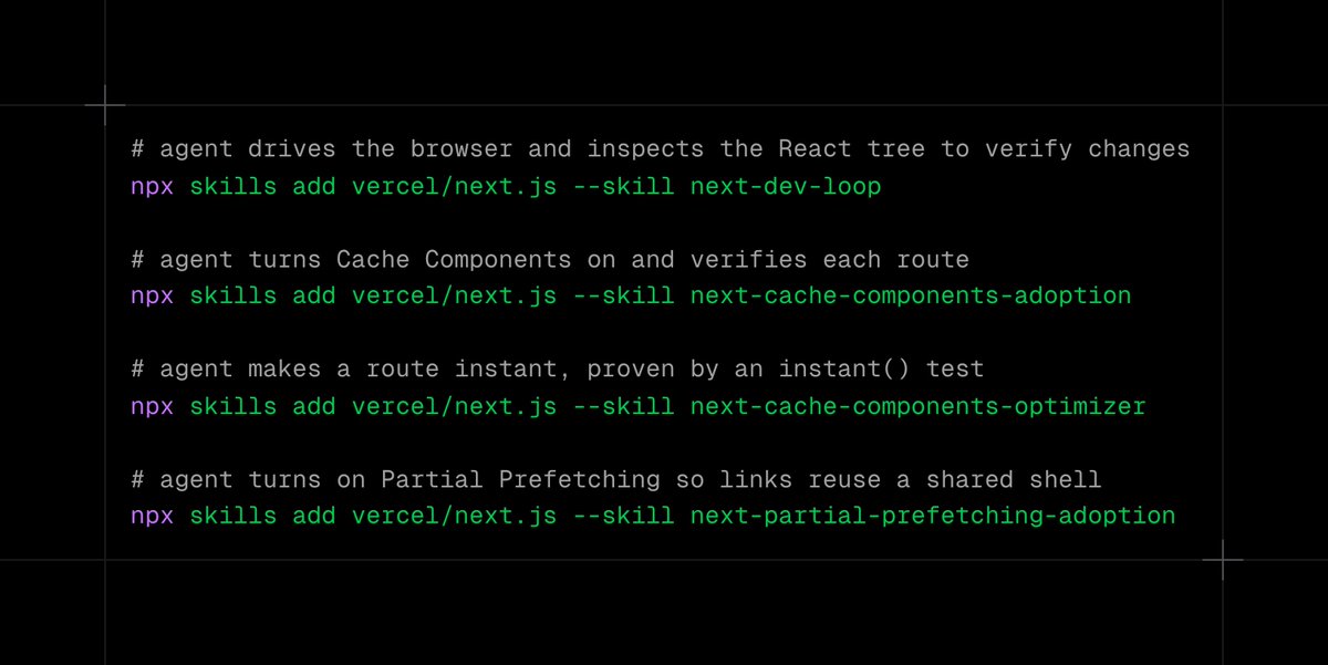 Text details commands for an agent to manage browser interactions and optimize Next.js performance with specific skills.