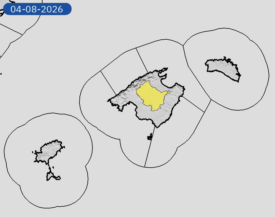 AEMET_Baleares's tweet photo. 04/08 00:06 AVISOS HOY Y MAÑANA | Illes Balears: temperaturas máximas. Nivel máximo de aviso: amarillo.
Actualizaciones en https://t.co/5xR91vsuMu https://t.co/k9meGLke3O