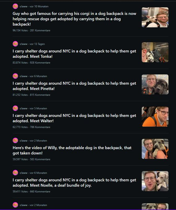 REDevonchain's tweet photo. Okay, this is actually good 

This guy is going insanely viral all over social media for carrying shelter dogs around in a backpack to help them get adopted and spread awareness. Every post gets millions of views. Hes one of the most liked Reddit accounts of all time. 

This has never even bonded and makes the perfect charity narra and runner for Dogust. 

Lets raise as much money as we can for those shelter dogs. 

https://t.co/EsIT91XcNb 

https://t.co/aSYsXFk94T

https://t.co/mygC7mXOa1