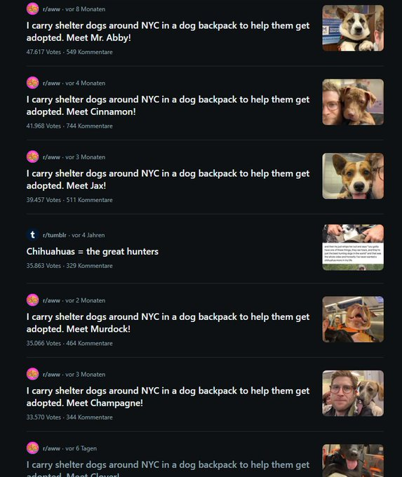 REDevonchain's tweet photo. Okay, this is actually good 

This guy is going insanely viral all over social media for carrying shelter dogs around in a backpack to help them get adopted and spread awareness. Every post gets millions of views. Hes one of the most liked Reddit accounts of all time. 

This has never even bonded and makes the perfect charity narra and runner for Dogust. 

Lets raise as much money as we can for those shelter dogs. 

https://t.co/EsIT91XcNb 

https://t.co/aSYsXFk94T

https://t.co/mygC7mXOa1