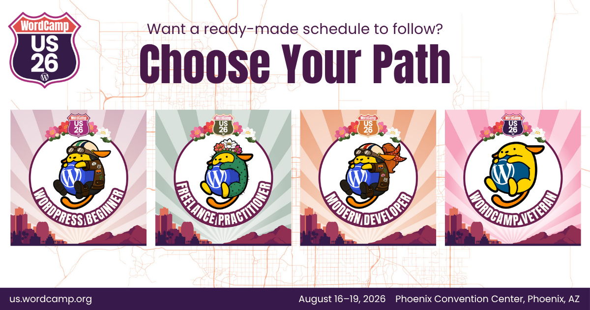 WordPress's tweet photo. Not sure where to begin with the WordCamp US schedule? Choose a ready-made path through the event.

🌱 Start your WordPress journey
🧰 Strengthen your freelance practice
💻 Explore modern WordPress development
🧭 Dig into what is next for WordPress

Each path brings together recommended sessions across Showcase Day and both conference days. Find the one that sounds most like you: https://t.co/b8XOkRNDbb